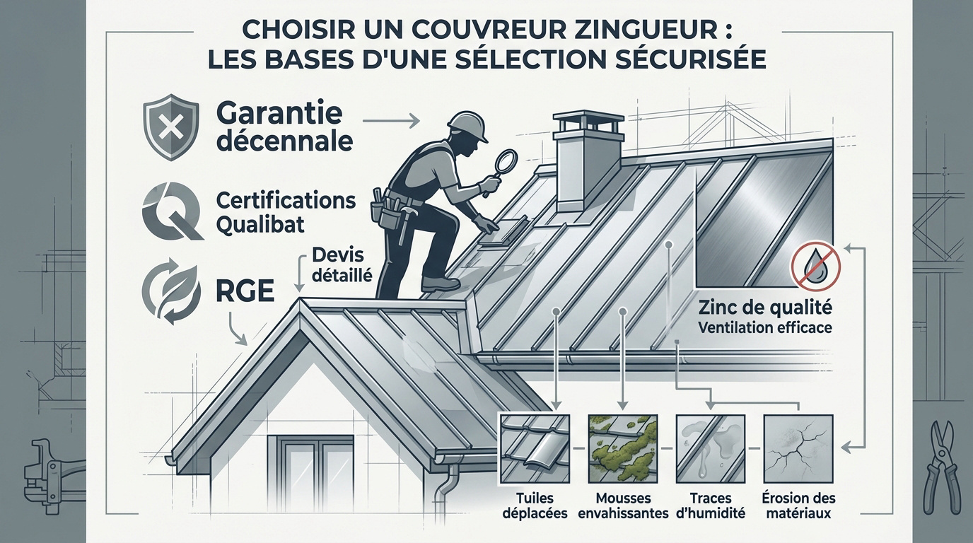 Artisan couvreur zingueur inspectant l'étanchéité d'une toiture en zinc