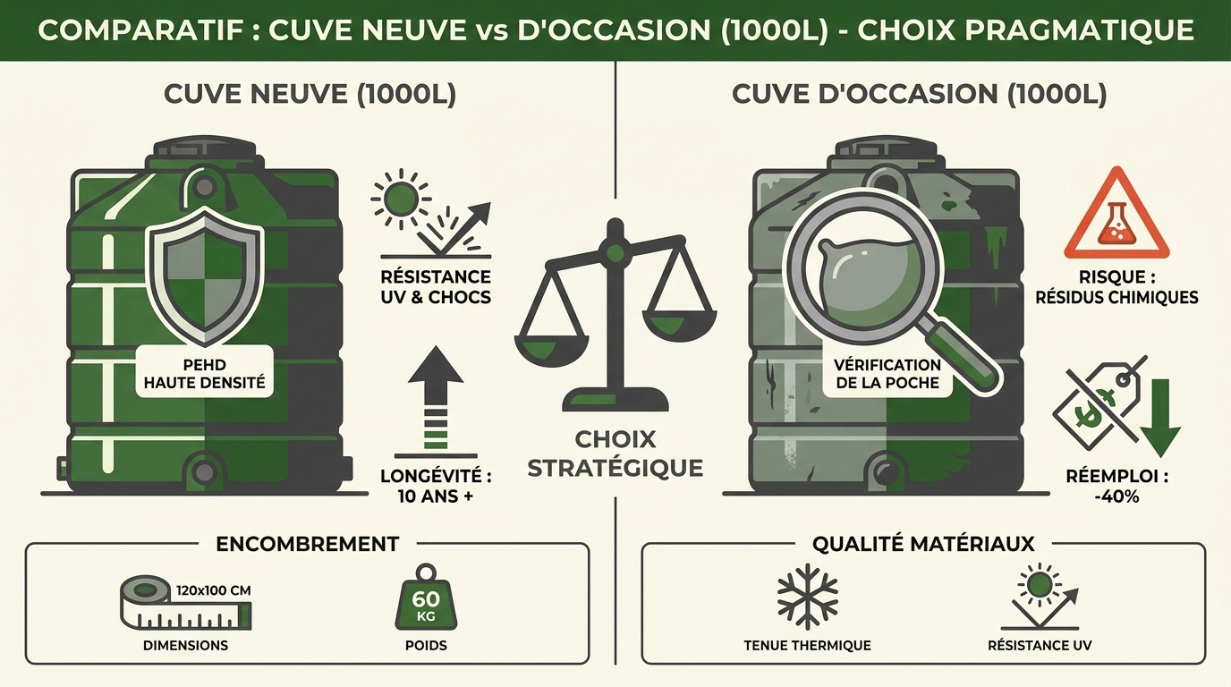 Comparatif entre un récupérateur d'eau de pluie 1000l neuf et un modèle de réemploi