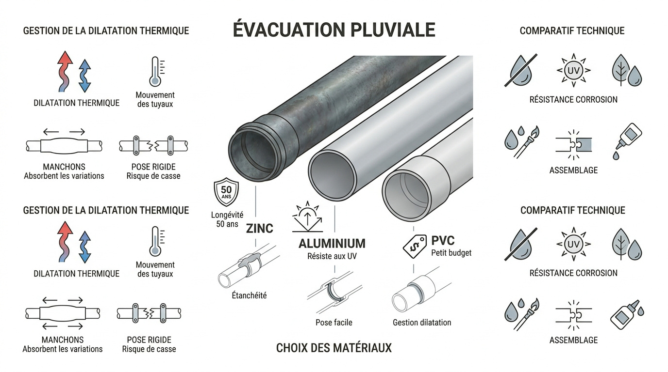 Comparatif technique des matériaux pour descente de gouttière entre zinc, aluminium et PVC