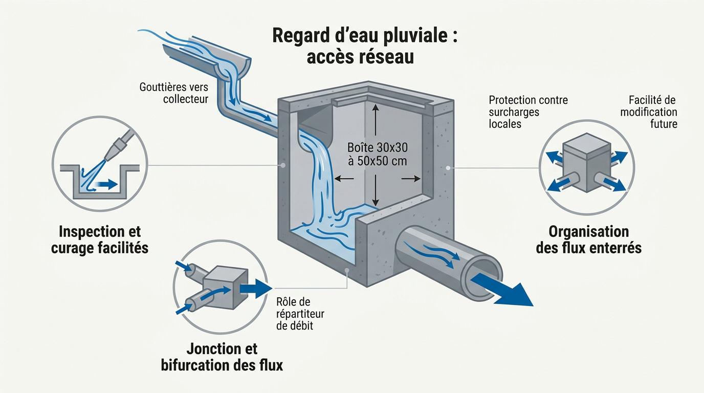 Schéma technique du fonctionnement d'un regard d'eau pluviale enterré