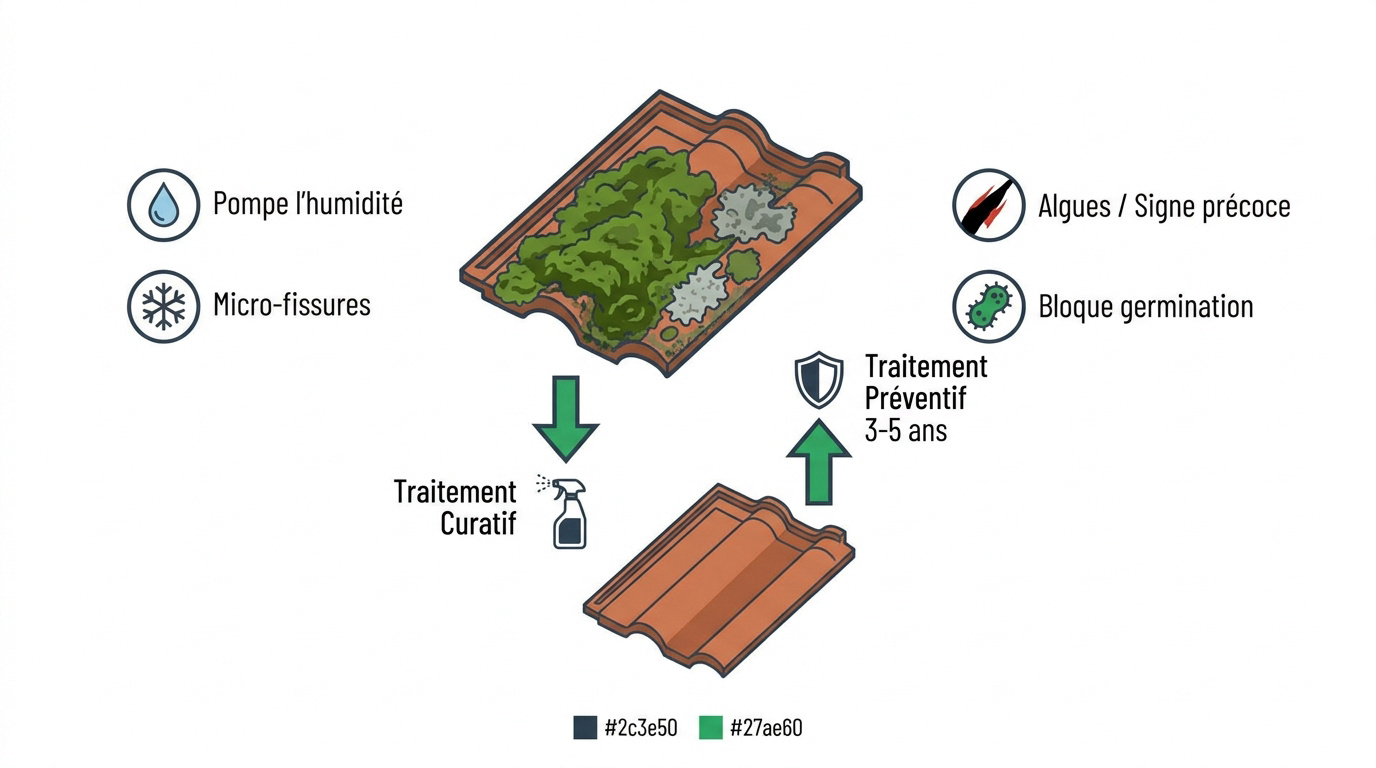 Comparaison entre un traitement de toiture curatif pour éliminer les mousses et un traitement préventif pour protéger les tuiles