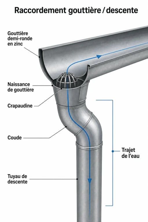 Schéma d’une naissance gouttière zinc reliant une gouttière demi-ronde à un tuyau de descente