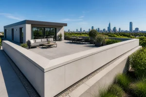 Terrasse moderne avec acrotere et vue sur la ville