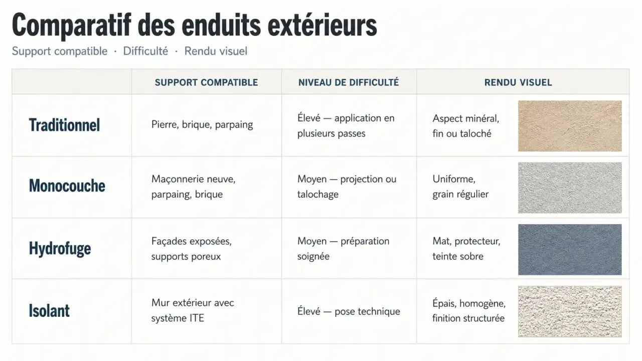 Comparatif enduit extérieur : traditionnel, monocouche, hydrofuge et isolant