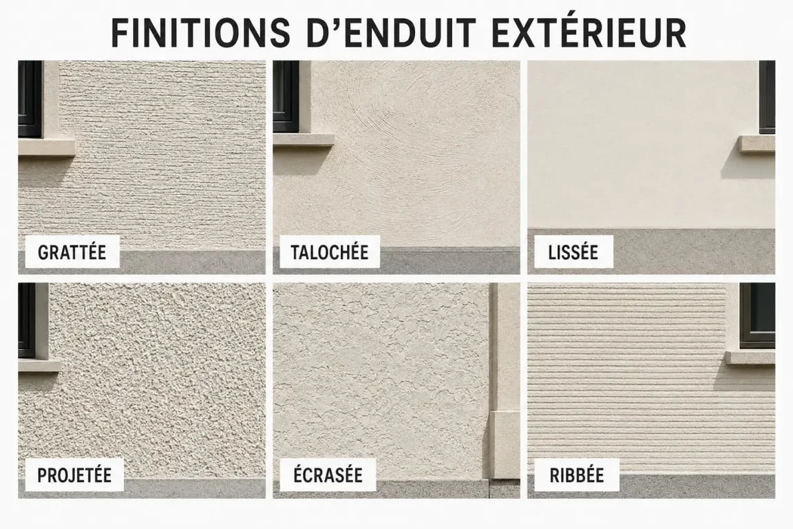 Finitions d’enduit extérieur sur façade : grattée, talochée, lissée, projetée, écrasée et ribbée