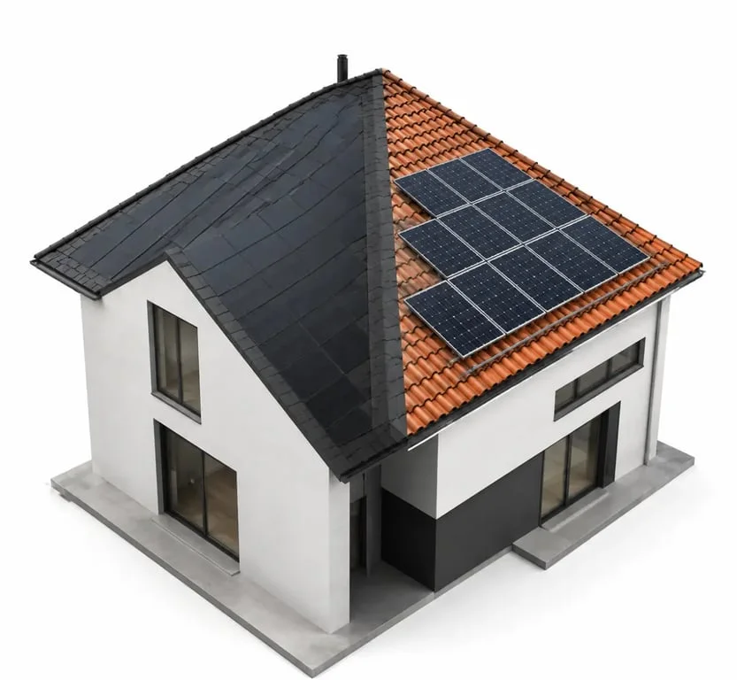 Tuile solaire comparée à des panneaux photovoltaïques sur une toiture de maison