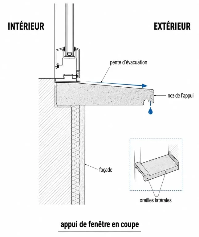 Appui de fenêtre en coupe avec nez, oreilles et écoulement de l’eau