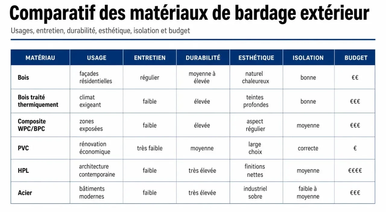 Bardage extérieur : tableau comparatif des matériaux et critères de choix
