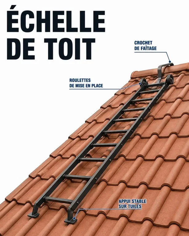 Échelle de toit sur toiture inclinée avec crochet de faîtage et roulettes, illustration pédagogique