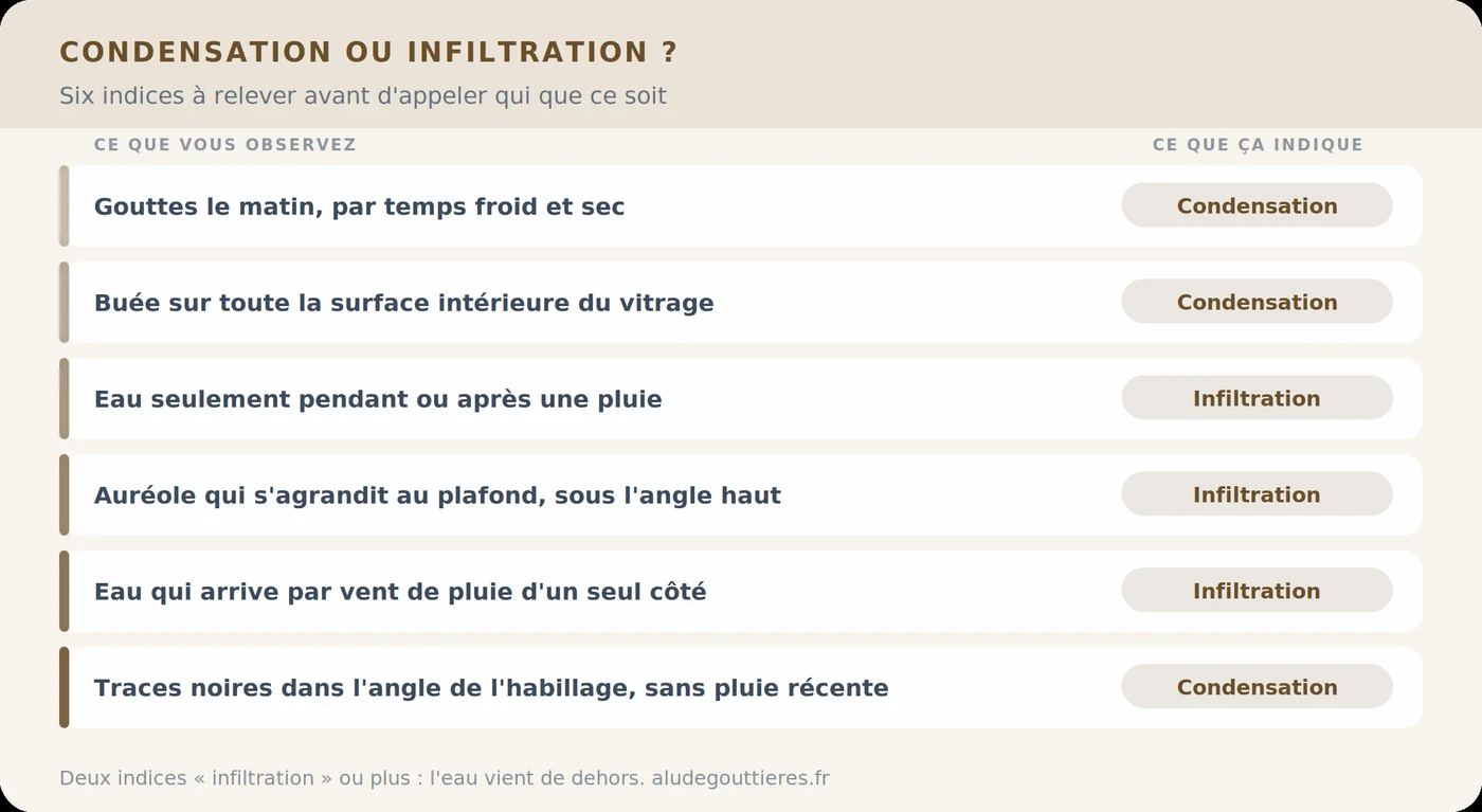 Tableau des six indices pour distinguer condensation et infiltration sur une fenêtre de toit